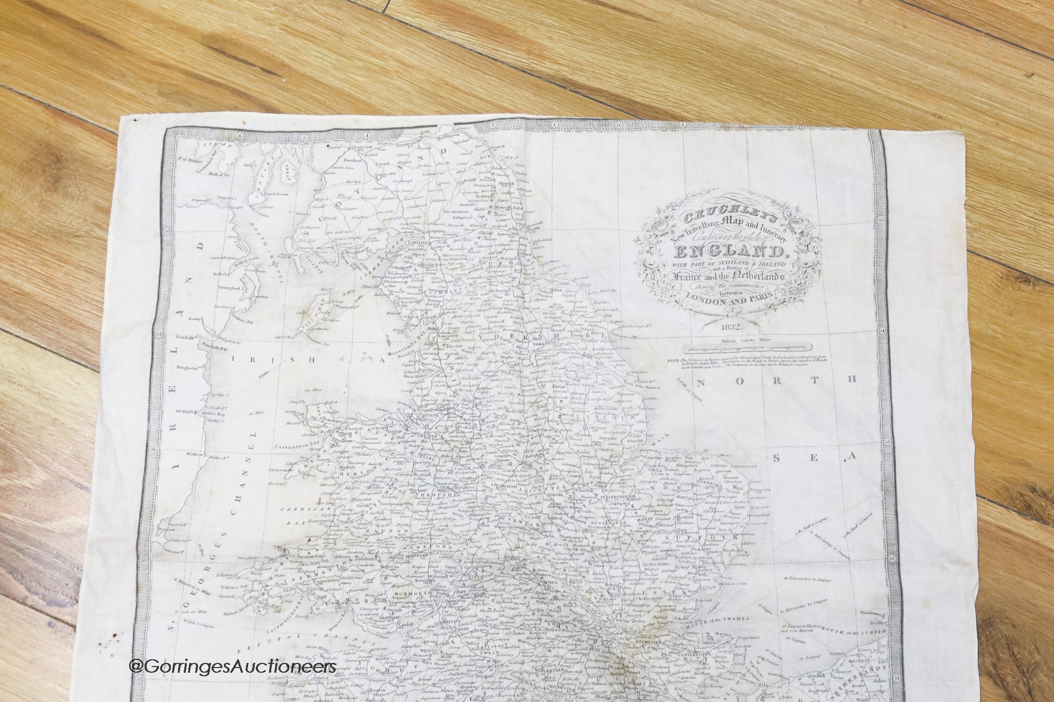 A Cruchley's New travelling map of England, 1832 printed on a handkerchief